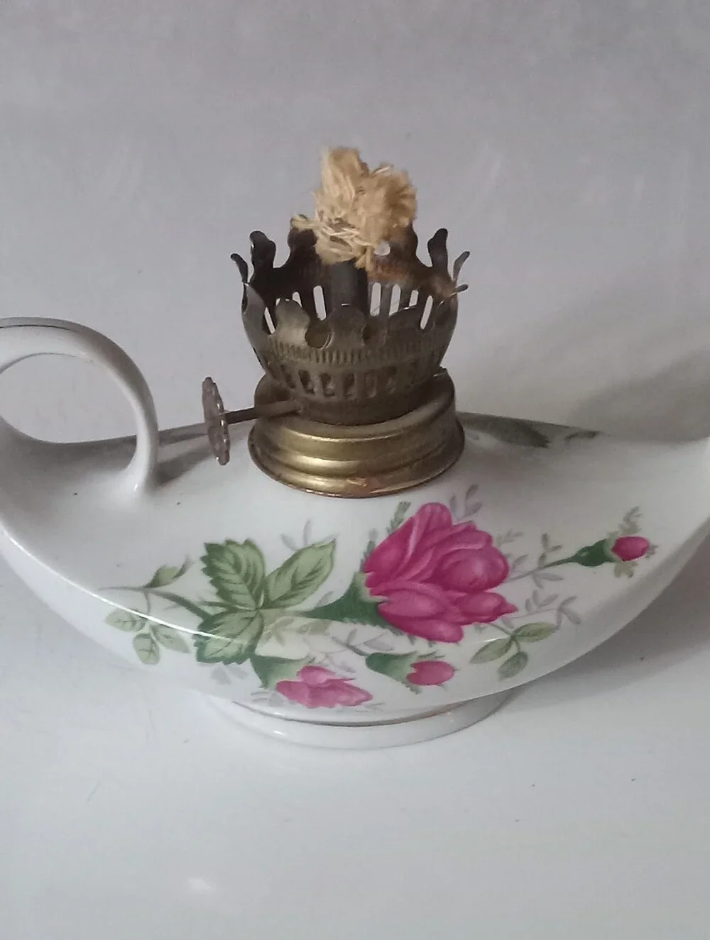 Vintage Oil Lamp BASE ONLY White Porcelain Pink Roses Hong Kong Cottage Core
